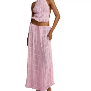 Y2K Summer Fashion Set: Halter Cami Top & Long Skirt - Mesh Lace Beachwear