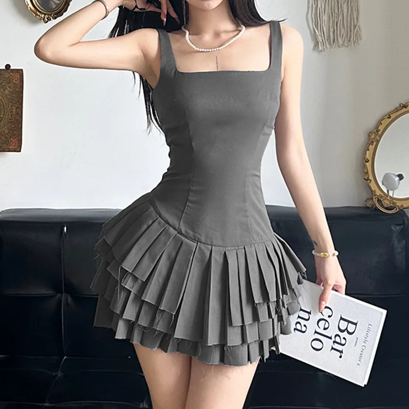 Y2K Summer Fashion: Sexy Sleeveless Mini Dress with Irregular Pleats