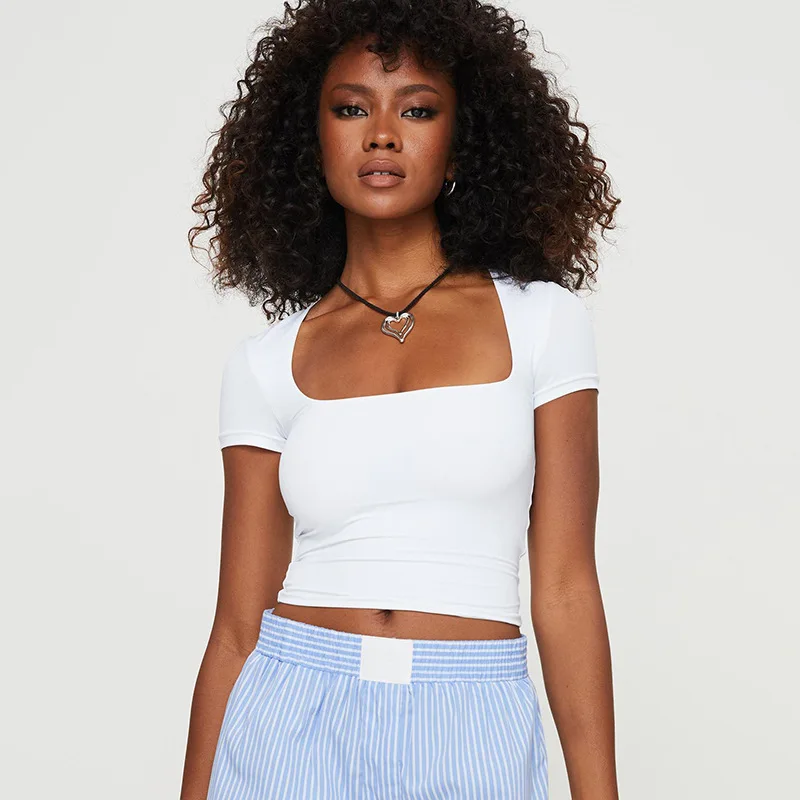 Y2K Summer Fashion Solid Color Square Neck Crop Top - Casual Short Sleeve Tee