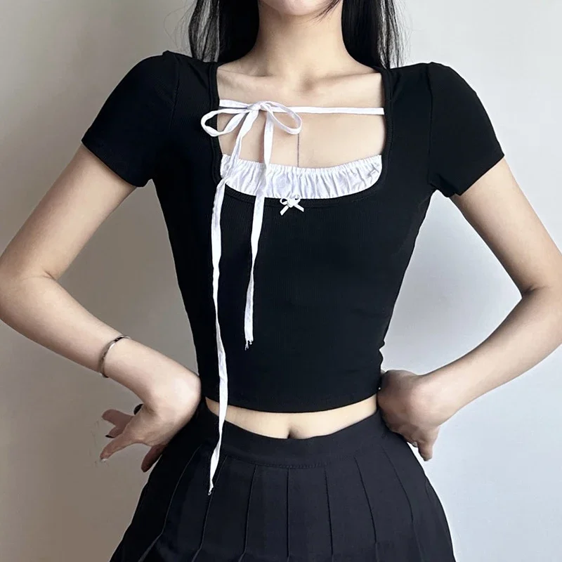 Y2K Summer Fashion Square Collar Crop Top with Contrast Stitching