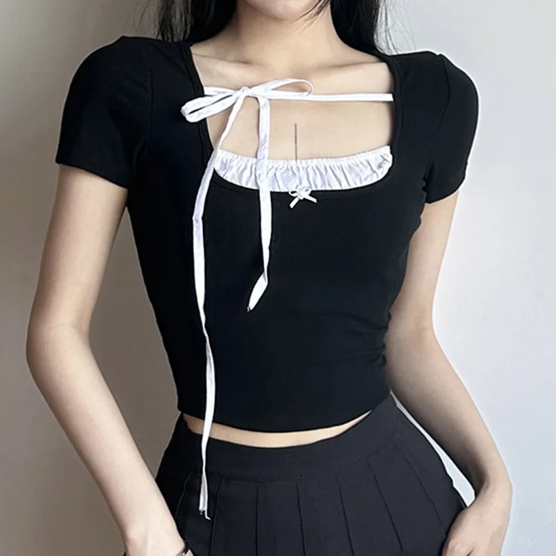 Y2K Summer Fashion Square Collar Crop Top with Contrast Stitching