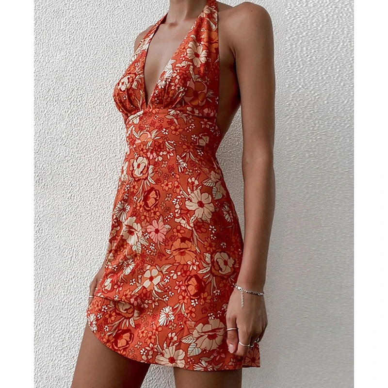 Y2K Summer Floral Print Halter Neck Mini Dress - Boho A-Line Sundress