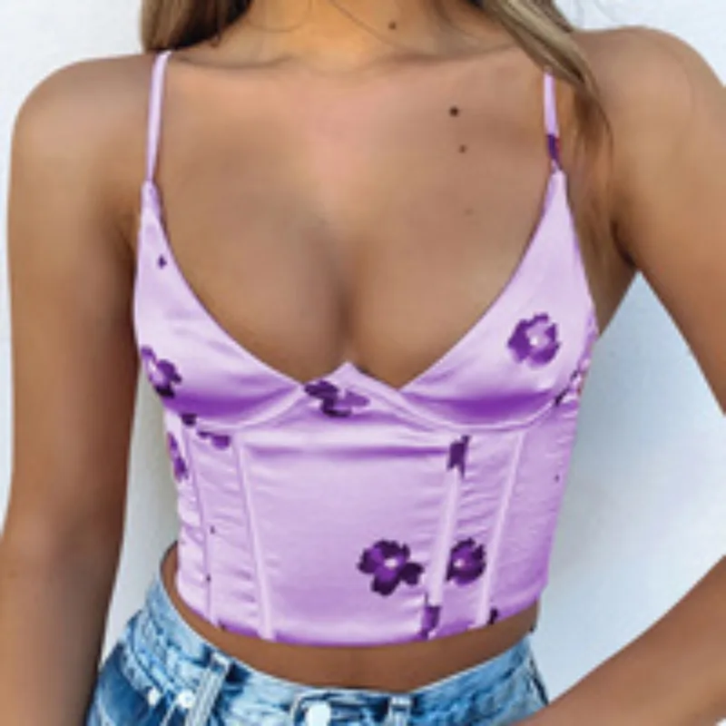 Y2K Summer Floral Satin Crop Top - Sexy Deep V-Neck Sleeveless Tank Top - Pink Girdle