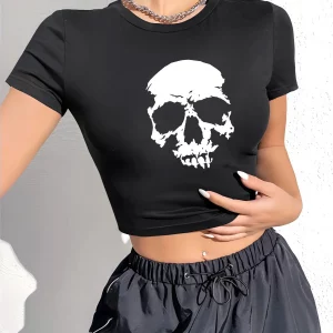 Y2K Summer Goth Graphic T-shirt - Angel Skull Print Top