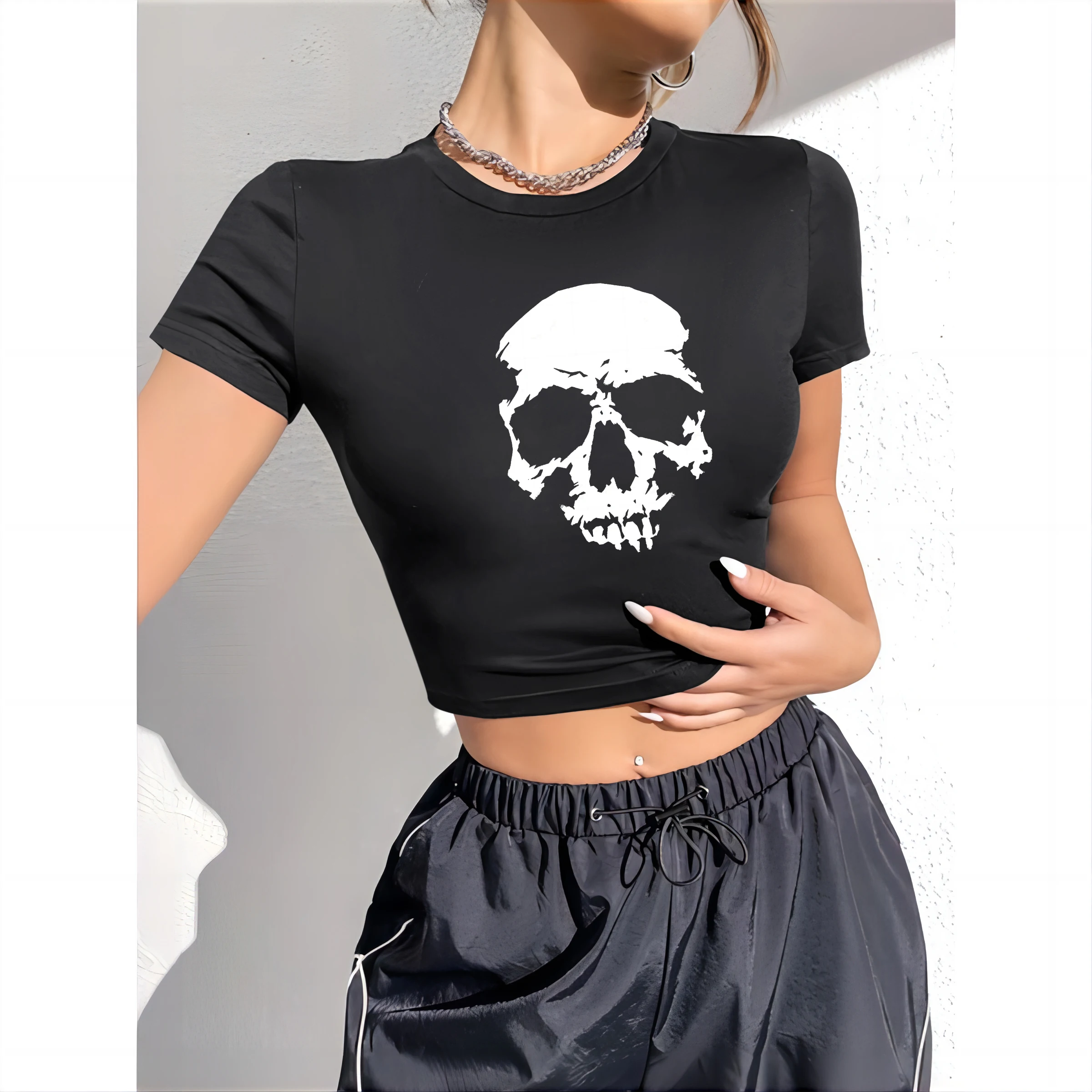 Y2K Summer Goth Graphic T-shirt - Angel Skull Print Top