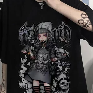 Y2K Summer Gothic Oversize T-Shirt with Anime Graphic