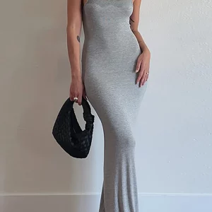 Y2K Summer Gray Maxi Dress - Spaghetti Strap Bodycon Vestido