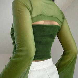 Y2K Summer Green Mesh Crop Top - Sexy Long Sleeve Square Neck Tee Shirt