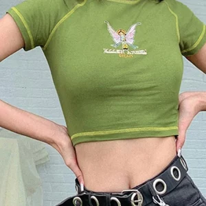 Y2K Summer Green O-Neck Short-Sleeve Crop Top - Sexy Casual Streetwear Fashion