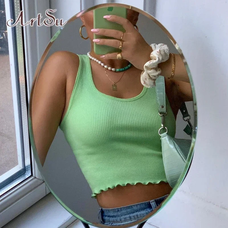 Y2K Summer Green Skinny Vest Top - Vintage Ruffles Cropped Tank