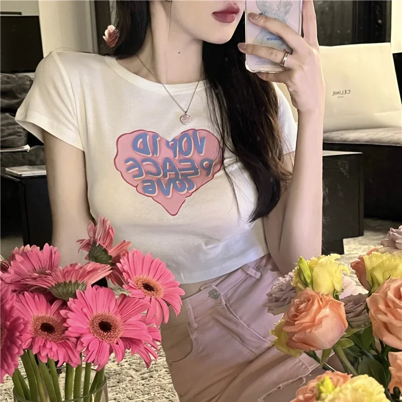 Y2K Summer Heart Print Crop Top - Aesthetic Harajuku Streetwear Gothic Sexy Navel Tee