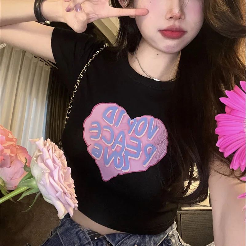 Y2K Summer Heart Print Crop Top - Aesthetic Harajuku Streetwear Gothic Sexy Navel Tee