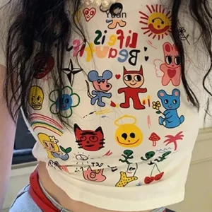 Y2K Summer Hottie Cartoon Print Navel-Baring Short-Sleeved Top