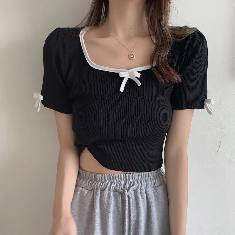 Y2K Summer Korean Fashion Bowknot Crop Top Square Collar T-Shirt Elegant Black Solid Lady Clothes