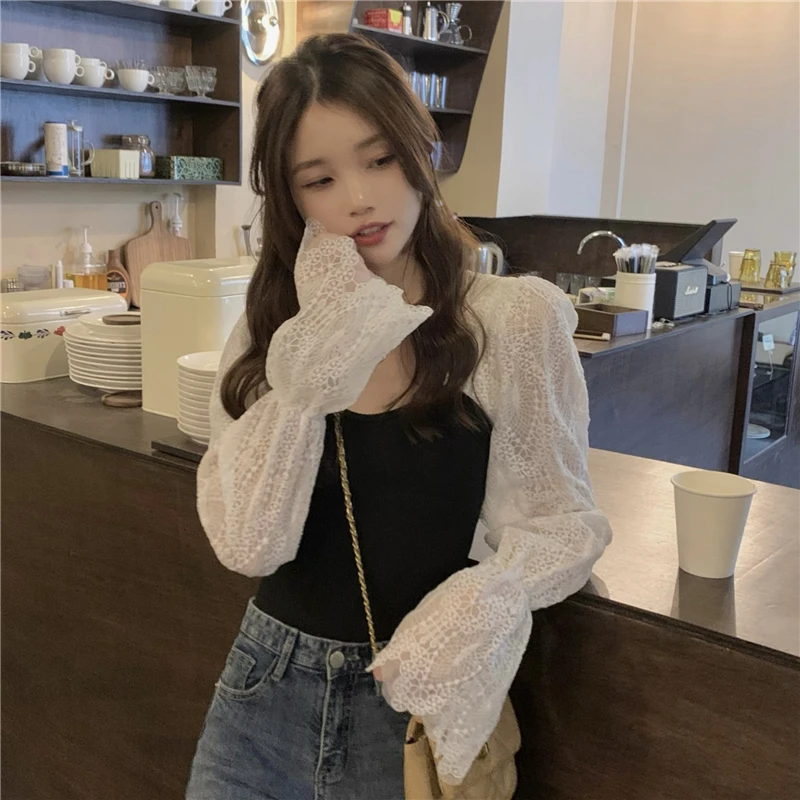 Y2K Summer Lace Blouse - White Knit Top for Women - Grunge Office Style