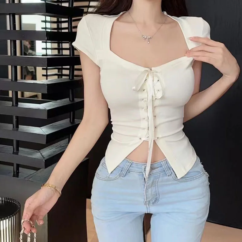 Y2K Summer Lace-Up Crop Top - Sexy White T-Shirt for Women