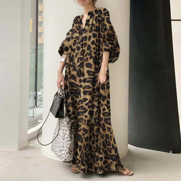 Y2K Summer Leopard Maxi Dress - Vintage Streetwear V-Neck Dress