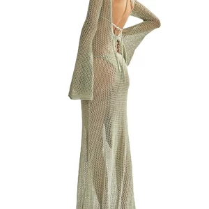 Y2K Summer Long Knit Beachwear Solid Color Hollow Cover Up