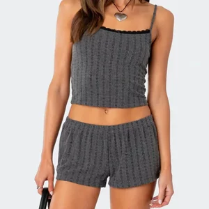 Y2K Summer Lounge Set: Lace Trim Crop Tank Top & Shorts - Women's Casual 2-Piece Outfit