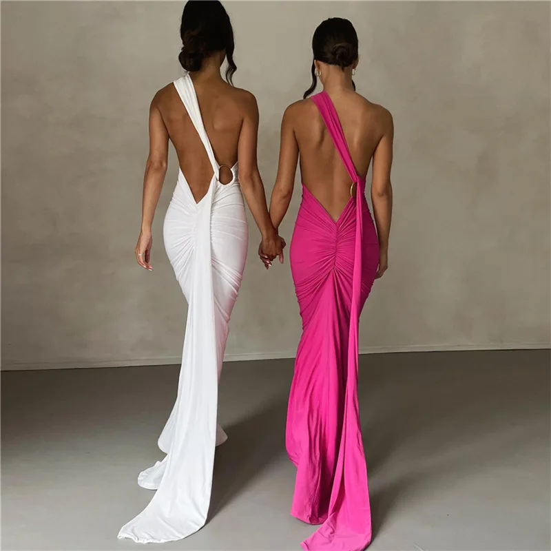 Y2K Summer Maxi Dress: Backless Oblique Shoulder Ruched Gown