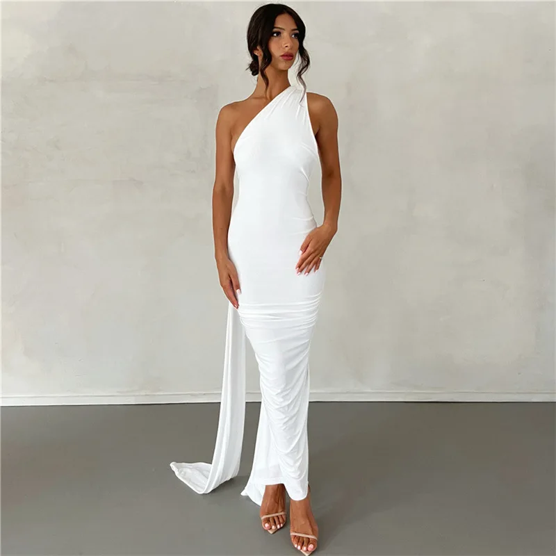 Y2K Summer Maxi Dress: Backless Oblique Shoulder Ruched Gown