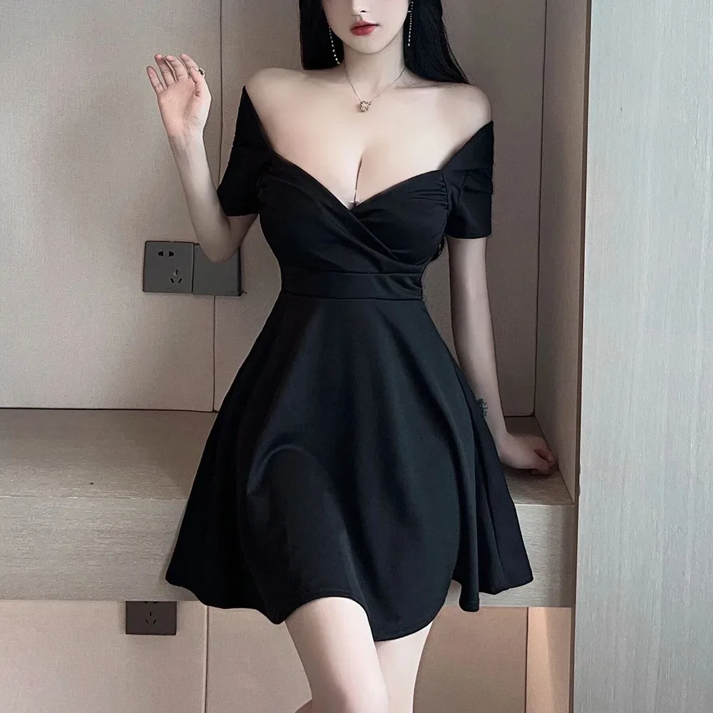 Y2K Summer Nightclub Sexy V-Neck Backless Dress - Black A-Line Skirt