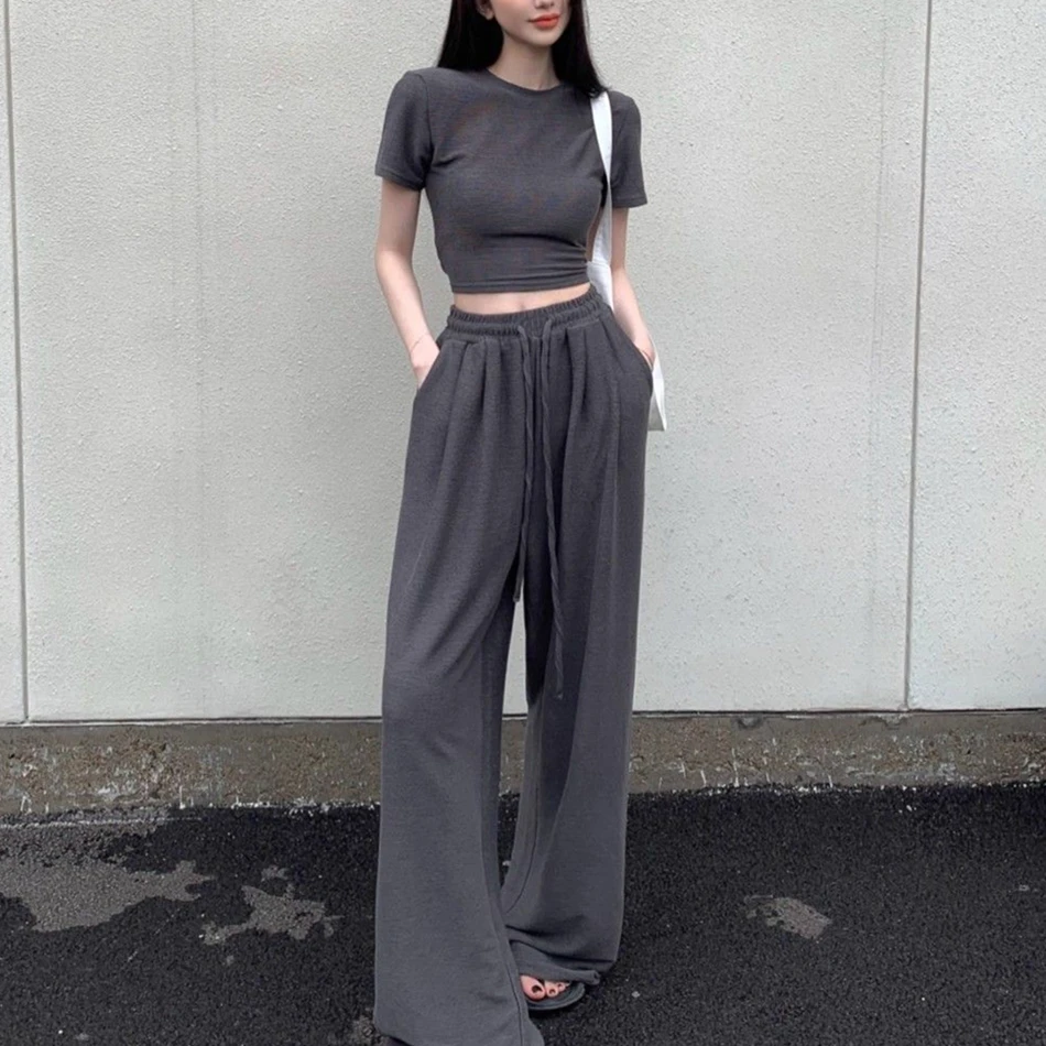 Y2K Summer Outfit Set: High-Waist Wide-Leg Pants & Solid Shirt - 2024 Arrival