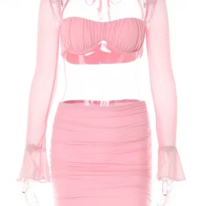 Y2K Summer Outfit Set: Sheer Mesh Crop Top & Ruffle Skirt - Women's Streetwear