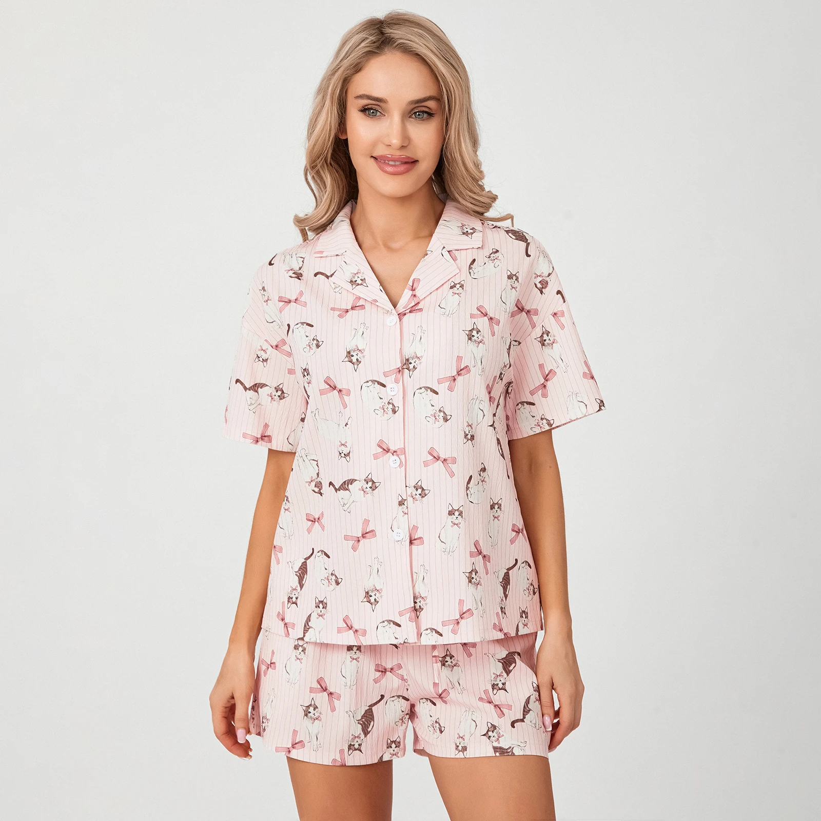 Y2K Summer Pajama Set: Lapel Neck Button Down Top + Elastic Waist Shorts - 2 Piece Lounge Out