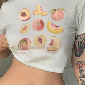 Y2K Summer Peach Print Crop Top - Retro Grunge Style