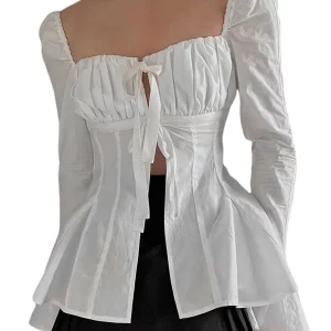 Y2K Summer Pleated Top: Square Neck Bandage Blouse