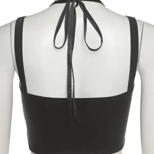 Y2K Summer Sexy Satin Sling Camisole Crop Top - Black Lace-Up Backless Vest