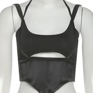 Y2K Summer Sexy Satin Sling Camisole Crop Top - Black Lace-Up Backless Vest