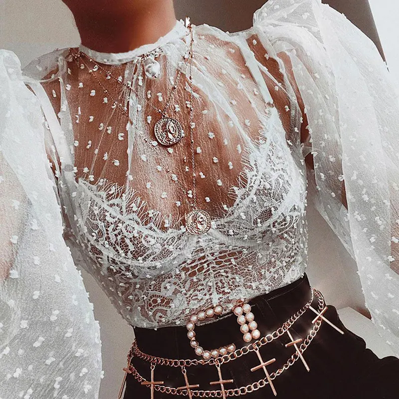 Y2K Summer Sheer Mesh Dot Blouse | Puff Sleeve Top