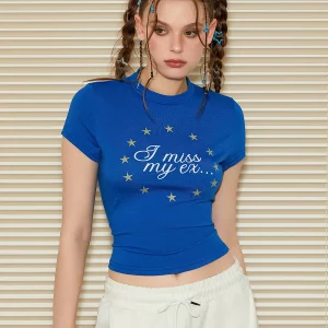 Y2K Summer Short Sleeve T-Shirt with Stars Print - Casual Slim Fit Top