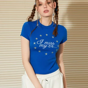 Y2K Summer Short Sleeve T-Shirt with Stars Print - Casual Slim Fit Top