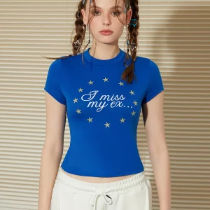 Y2K Summer Short Sleeve T-Shirt with Stars Print - Casual Slim Fit Top