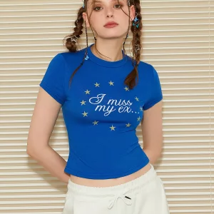 Y2K Summer Short Sleeve T-Shirt with Stars Print - Casual Slim Fit Top