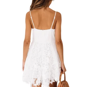 Y2K Summer Slip Dress with Lace Trim - V Neck Spaghetti Strap Backless Mini Dress