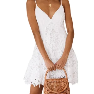 Y2K Summer Slip Dress with Lace Trim - V Neck Spaghetti Strap Backless Mini Dress