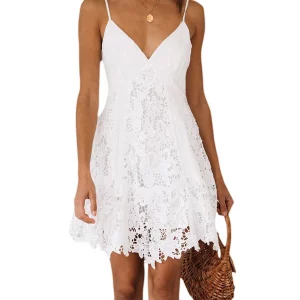 Y2K Summer Slip Dress with Lace Trim - V Neck Spaghetti Strap Backless Mini Dress