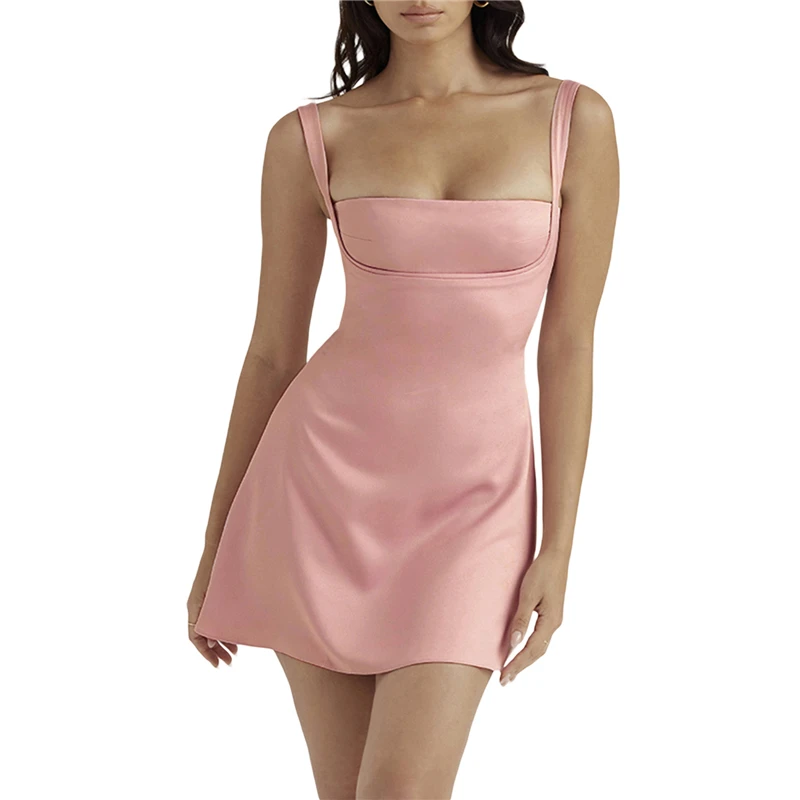 Y2K Summer Solid Color Satin Mini Dress - Square Collar Night Clubwear