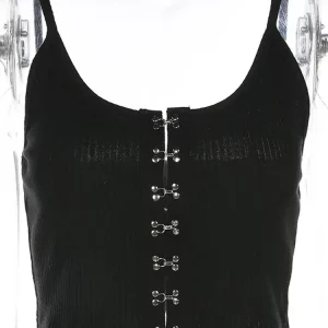 Y2K Summer Spaghetti Strap Crop Top - Black Camisole with Button-Up Detail