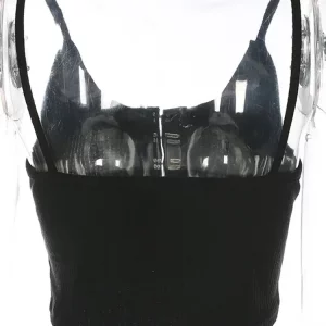 Y2K Summer Spaghetti Strap Crop Top - Black Camisole with Button-Up Detail