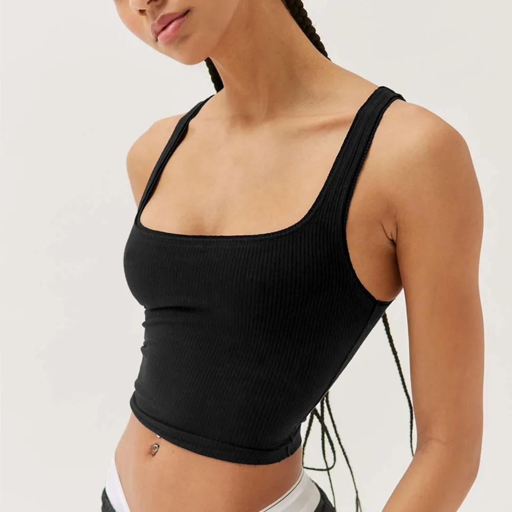 Y2K Summer Square Neck Crop Top - Sleeveless Tank with Wide Straps