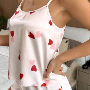 Y2K Summer Sweetheart Print Satin Pajama Set - Sleeveless Cami Top and Shorts