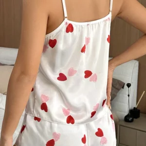 Y2K Summer Sweetheart Print Satin Pajama Set - Sleeveless Cami Top and Shorts