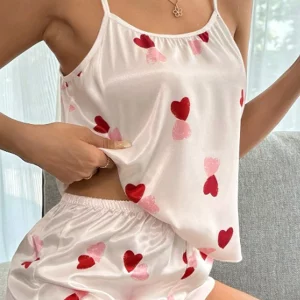 Y2K Summer Sweetheart Print Satin Pajama Set - Sleeveless Cami Top and Shorts