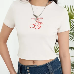 Y2k Summer White Cropped Tees with Cherry Print - Cute Bow Basics