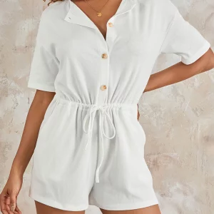 Y2K Summer White Rompers: Casual Button-Down Shorts Playsuit